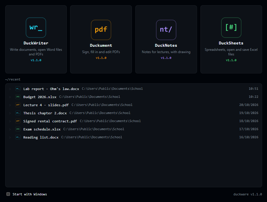 The Duckware launcher: a tile for each app and a list of recent documents
